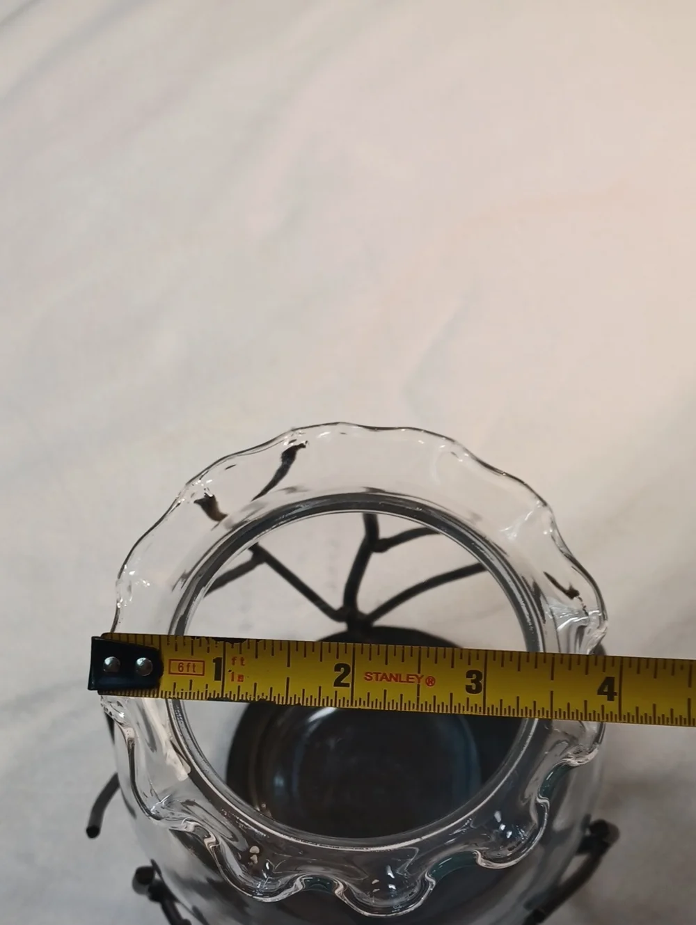 Clear Ruffled Glass Hurricane Vase with Metal Twig Stand